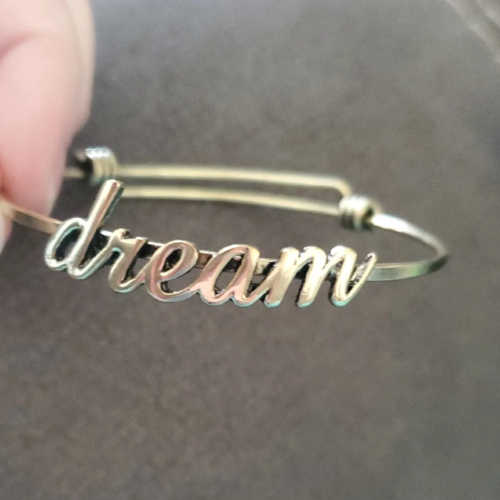 Gold “Dream” Adjustable Wire Bangle | Inspirational Script Bracelet | Minimalist